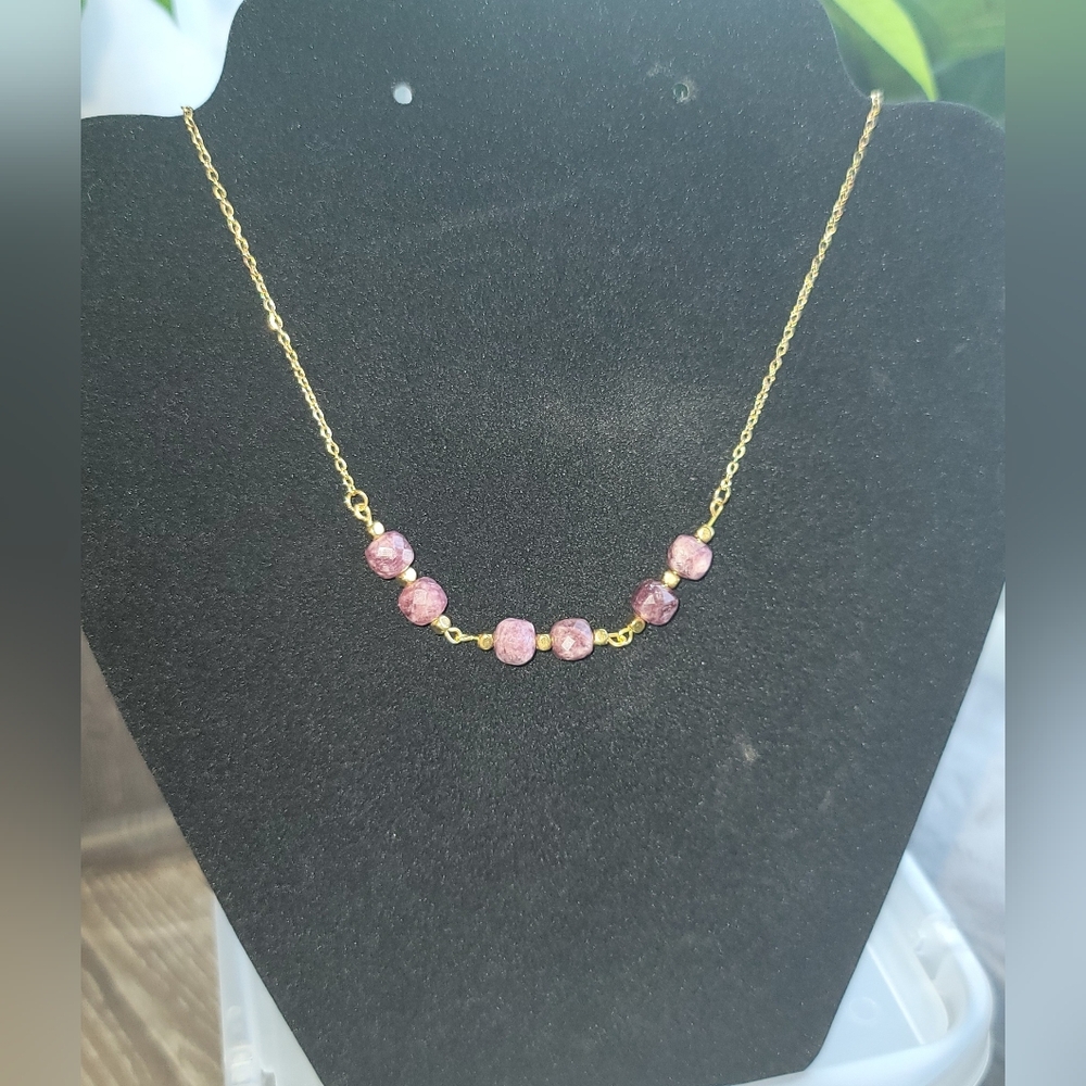 Faceted Garnet & Gold Hematite Beaded Necklace  Stainless Steel Chain (17” + 2”)